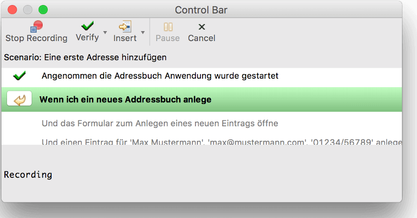 Controlbar der Squish IDE beim Aufzeichnen eines BDD Tests