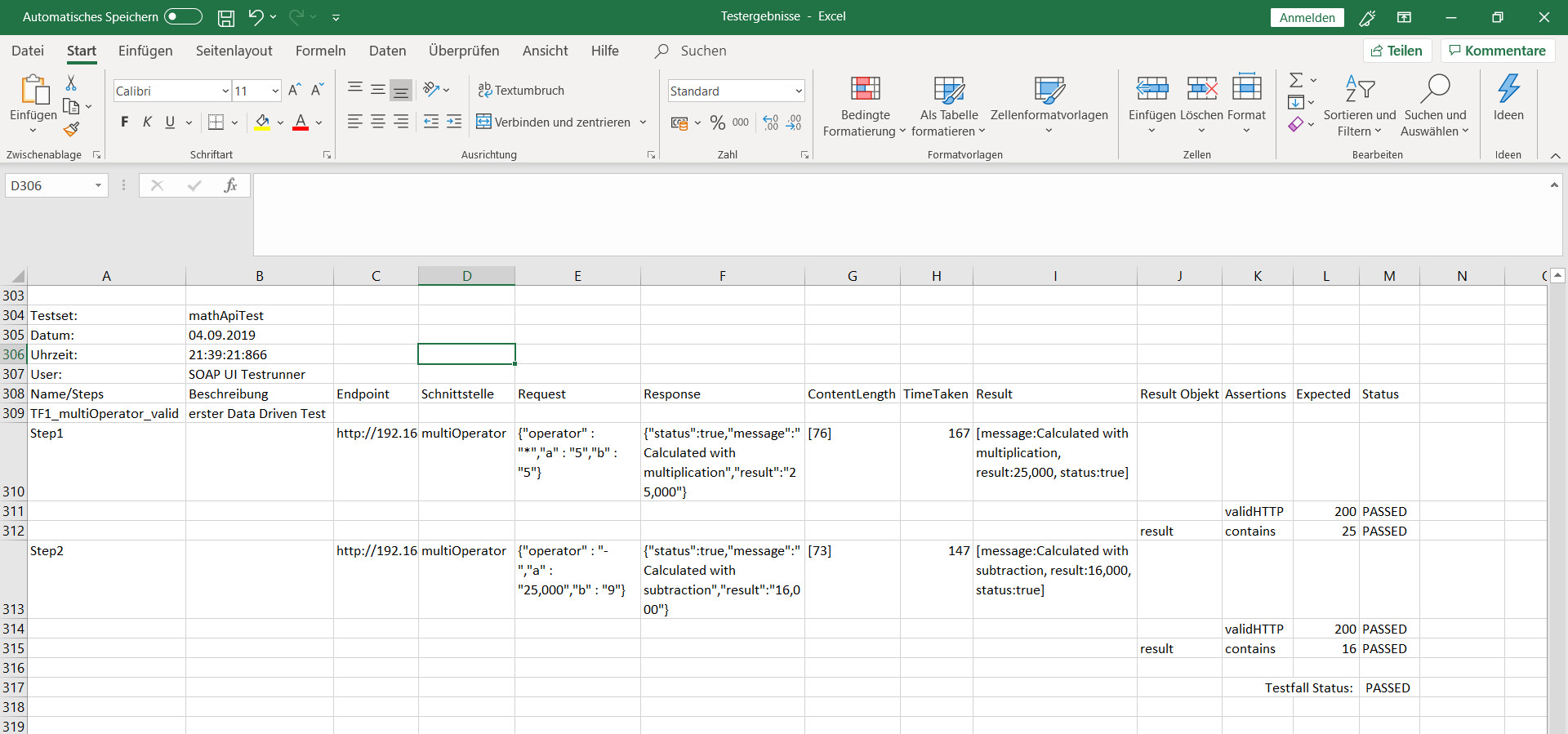 Anzeige Excel Tabelle