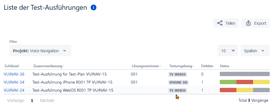 Testberichte mit JIRA und Xray. Im Bericht der Testausführungen sind Lösungsversionen und Testumgebungen darstellbar und das Ergebnis ist farblich angezeigt